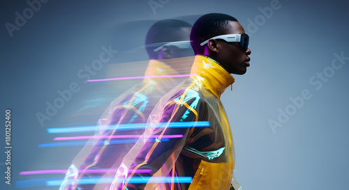 Futuristic fashion forward individual in motion blur, captured with vibrant neon light trails against a muted backdrop