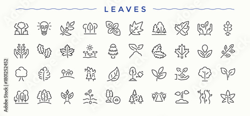 Leaves linear icon collection. Minimal icons set. Leaf modern icon set. Pictograms of ecological, tree, foliage, eco, leaf and more.