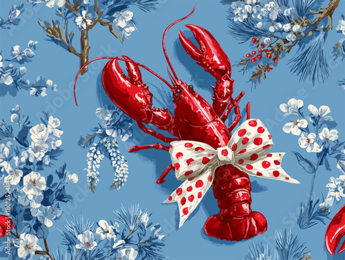 Ilustración vectorial de una langosta roja con un lazo y flores blancas sobre un fondo azul, ideal para diseño textil y decoración.