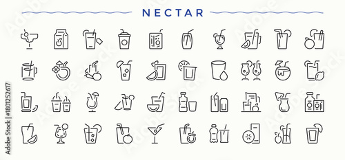 Nectar vector icon set. Perfect for logos and infographic. Contains such symbols as bar, beverage, soda, beer, drinks, drink. Vector illustration. Pixel perfect. Drink icon set.