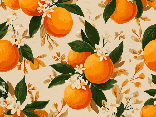 Ilustración vectorial de un patrón sin fisuras con naranjas frescas, hojas verdes y delicadas flores blancas sobre un fondo claro.