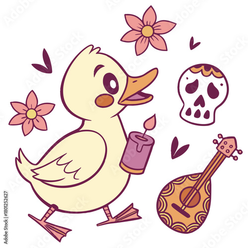 A Surprised Duck with holding a heart in a Dia de los Muertos theme – Day of the Dead palette SVG illustration