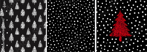 Ilustración vectorial de patrones sin fisuras con árboles de Navidad nevados en blanco y negro, ideal para fondos y diseños festivos.