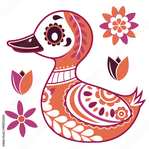Whimsical Duck feeling Content in a Dia de los Muertos setting with with a tiny crown – colored in Day of the Dead