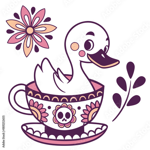 A Amused Duck with in a teacup in a Dia de los Muertos theme – Day of the Dead palette SVG illustration