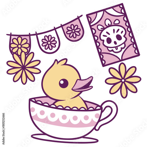 Day of the Dead themed SVG: Excited Duck with in a teacup in a Dia de los Muertos environment