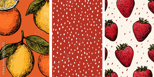 Ilustración vectorial de patrones de frutas y puntos, ideal para fondos, textiles y diseños de productos con un toque natural y vibrante.