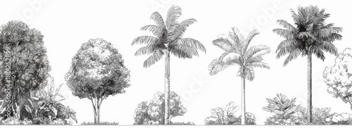 Ilustración vectorial de varios árboles y arbustos tropicales en blanco y negro, ideal para diseño paisajístico y elementos naturales.
