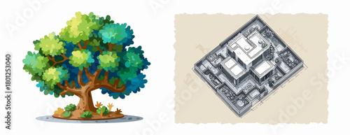 Esta ilustración vectorial representa un árbol frondoso junto a un diseño arquitectónico moderno, simbolizando la coexistencia entre naturaleza y urbanismo.