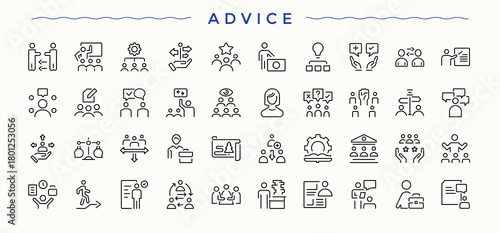 Advice line icon set. Advice outline icons pack. Minimalist linear icons. Mentor icon set. Art and illustration.