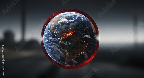A reflective glass globe showing a view of Earth from space with illuminated continents and cloud formations, set against a dark blurred background
