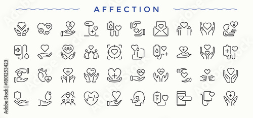 Affection icon set in linear style. Contain linear symbols hand, support, donation, help, respect, linearity, care. Editable vector. Interaction linear icon set.