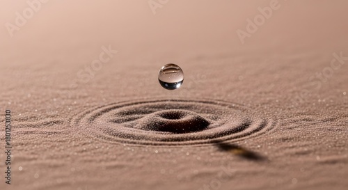 A close-up of a single water droplet creating ripples on a smooth sandy surface under soft lighting conditions