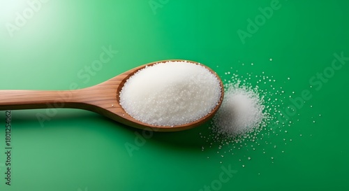 A wooden spoon filled with white granulated sugar resting on a vibrant green surface with some sugar spilled nearby
