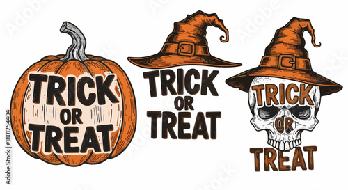 Halloween themed images with pumpkin, witch hat, and skull.