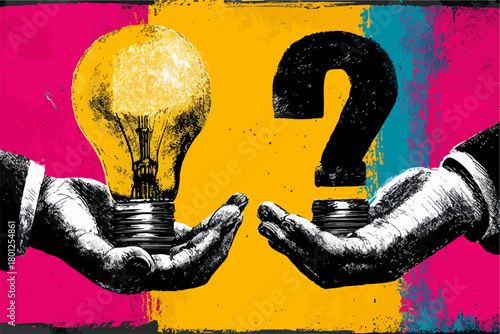 Ilustración vectorial que representa la toma de decisiones entre una idea brillante y la incertidumbre, simbolizando la innovación y la estrategia empresarial.