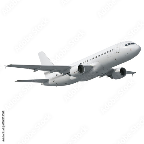 White passenger airplane flying isolated on transparent background