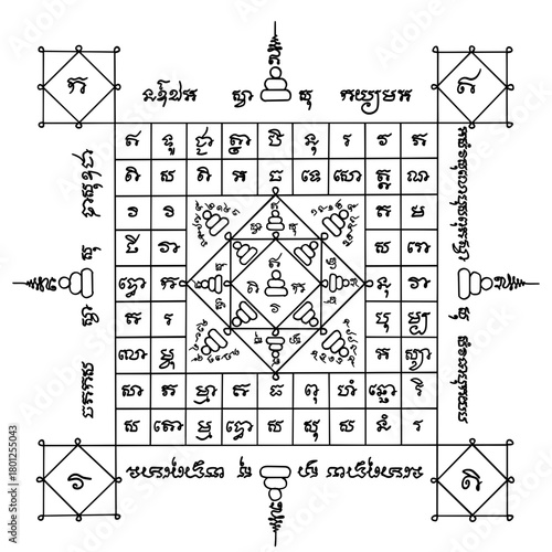 Yant I-Pi-So Trai Jak. Complex Thai Buddhist Yantra in Khom script, featuring a sacred square grid design for protection and power.