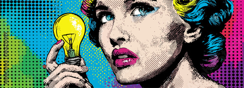 Ilustración vectorial de una mujer con el pelo colorido sosteniendo una bombilla, representando una idea brillante y creativa.