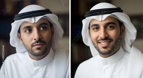 A professional portrait of a young Middle Eastern man wearing traditional attire, including a white thobe and a black-and-white head covering, with a neutral background