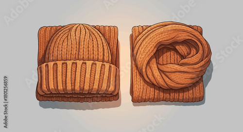 Stylized illustration of a warm knitted beanie hat and a coiled scarf in earthy orange tones.