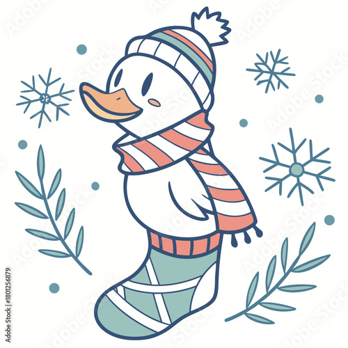 SVG art: A Bashful Duck in a Winter vibe with snuggled in a sock, tinted with Winter Wonderland tones