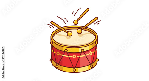 A cartoon illustration of a red drum with golden trim and two drumsticks hitting its surface, creating a musical sound.