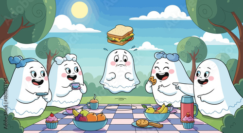 A group of five adorable cartoon ghosts enjoying a sunny picnic in a park with various snacks and drinks.