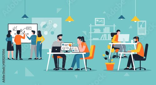 A vibrant illustration of an open-plan office space where teams collaborate, brainstorm, and work individually on computers, showcasing a modern business environment.