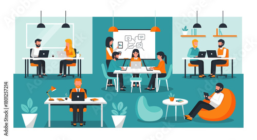 Modern open-plan office with diverse employees collaborating and working on computers in a vibrant, productive environment.