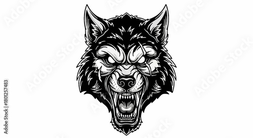 Detailed black and white illustration of an angry wolf head with bared teeth.