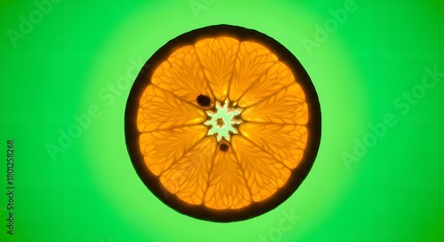 A vibrant, cross-sectioned citrus fruit slice displayed against a bright green background, showcasing the intricate details and vivid colors of the fruit's interior