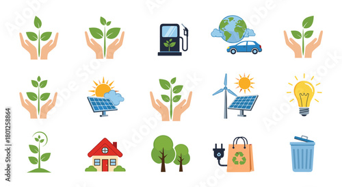 Illustrations of environmental conservation and renewable energy sources to promote ecological awareness.