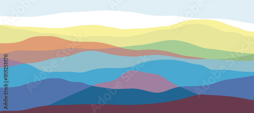 Multicolored mountain panorama, translucent waves, abstract colored glass shapes, modern background, Flat design illustration of mountains