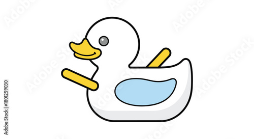 A cartoon illustration of a white rubber duck with yellow wings and beak floating in blue water.