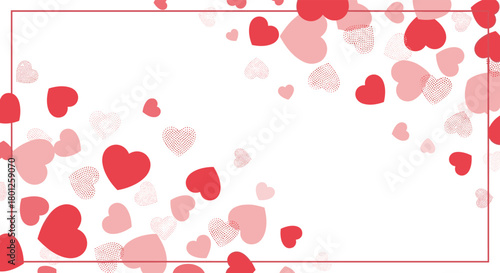 An abstract background with scattered red and pink heart shapes and small textured dots for a romantic celebration.