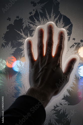 Frozen hand glowing from within against a frosty window pattern