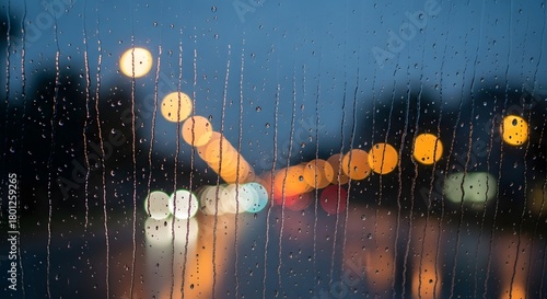 A close-up view of a rain-covered window with blurred city lights in the background during nighttime, creating a moody and atmospheric scene