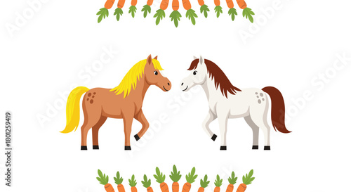Two adorable cartoon horses stand side by side in a field of carrots.
