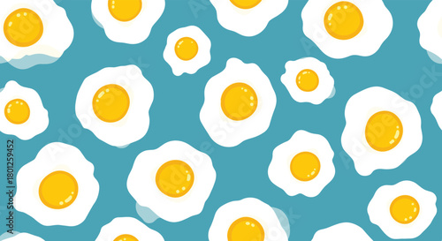 A cheerful pattern of fried eggs on a bright blue background.