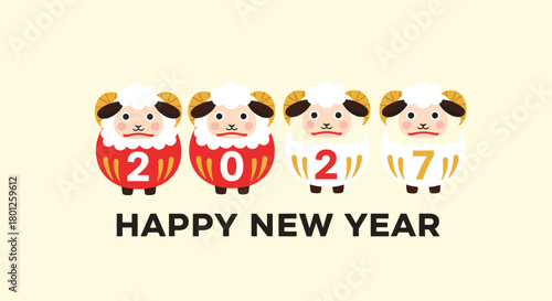 Happy new year cute cartoon sheep in daruma dolls style celebrating twenty twenty seven.
