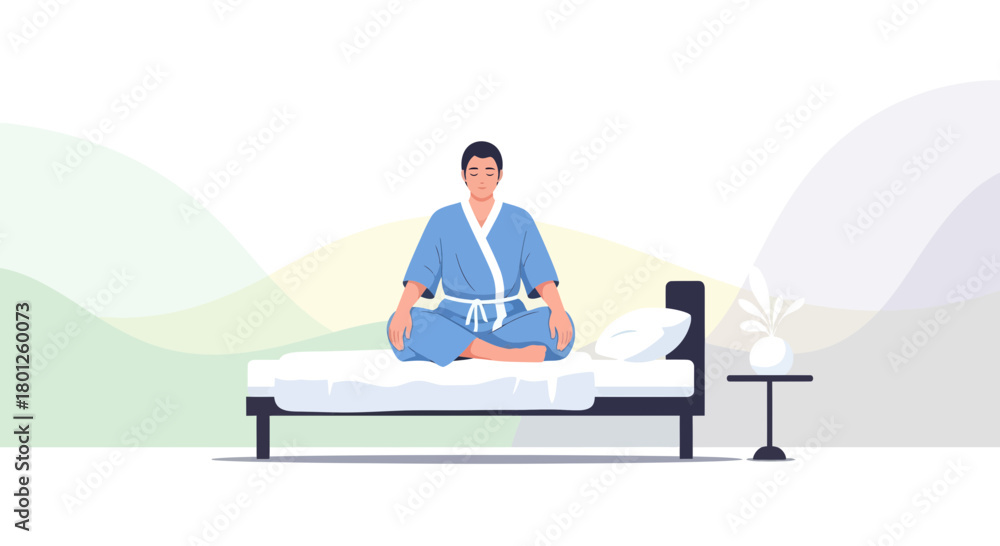 Obraz premium Meditating Man in Blue Robe Enjoys the Calm and Serene Atmosphere in Bedroom