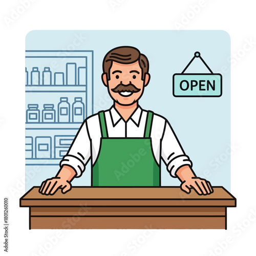 Shopkeeper at counter with open sign