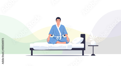 Meditating Man in Blue Robe Enjoys the Calm and Serene Atmosphere in Bedroom