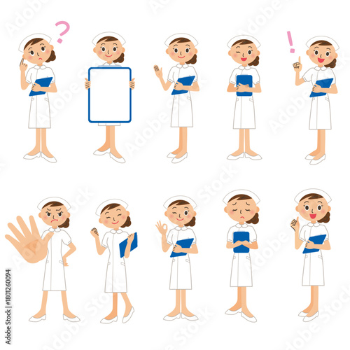 看護婦のホワイトボード、ひらめき、頑張る、説明の前身ポーズ