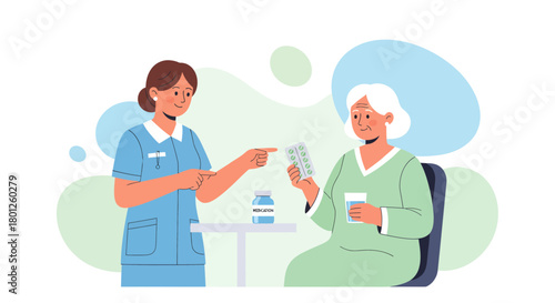 Nurse Explaining Medication To Senior Female Patient During Medical Checkup Session