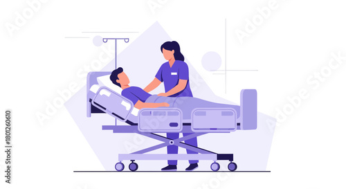 Patient Care Illustration: Nurse Attends to Patient in Hospital Bed Providing Support and Aid