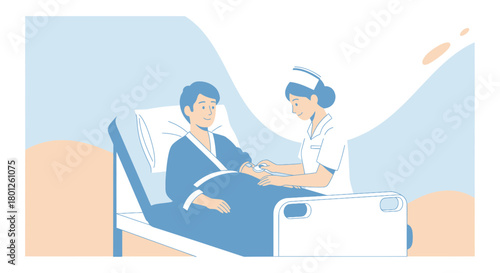 Patient Receiving Medical Attention from a Nurse in a Hospital, Healthcare Illustration