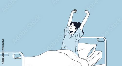 Woman Stretching in Bed, Illustration of Waking Up and Looking Forward to the Day