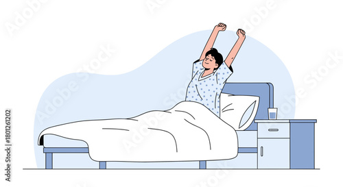 Woman Stretching And Waking Up In The Morning In A Modern Bedroom Scene